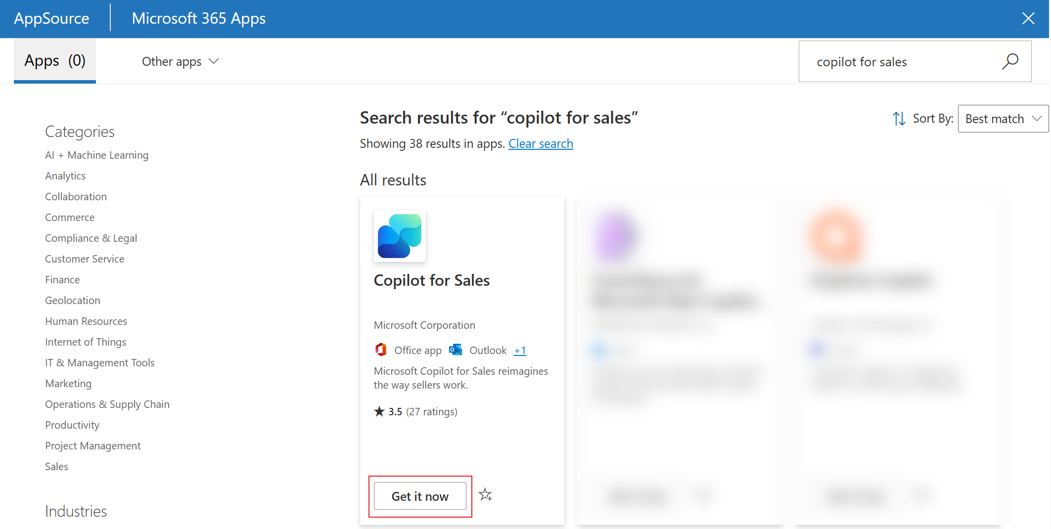 Microsoft 365 管理センターの Copilot for Sales 拡張アプリを示すスクリーンショット。