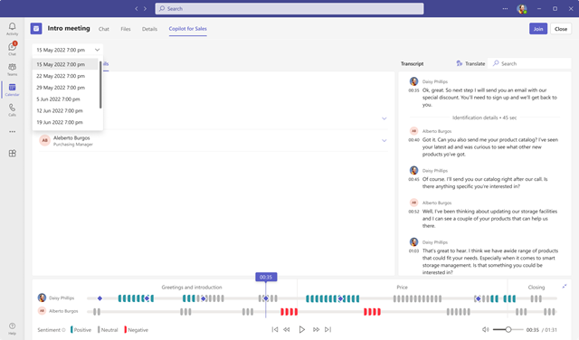 定期的な会議の Copilot for Sales の会議サマリーを示すスクリーンショット。