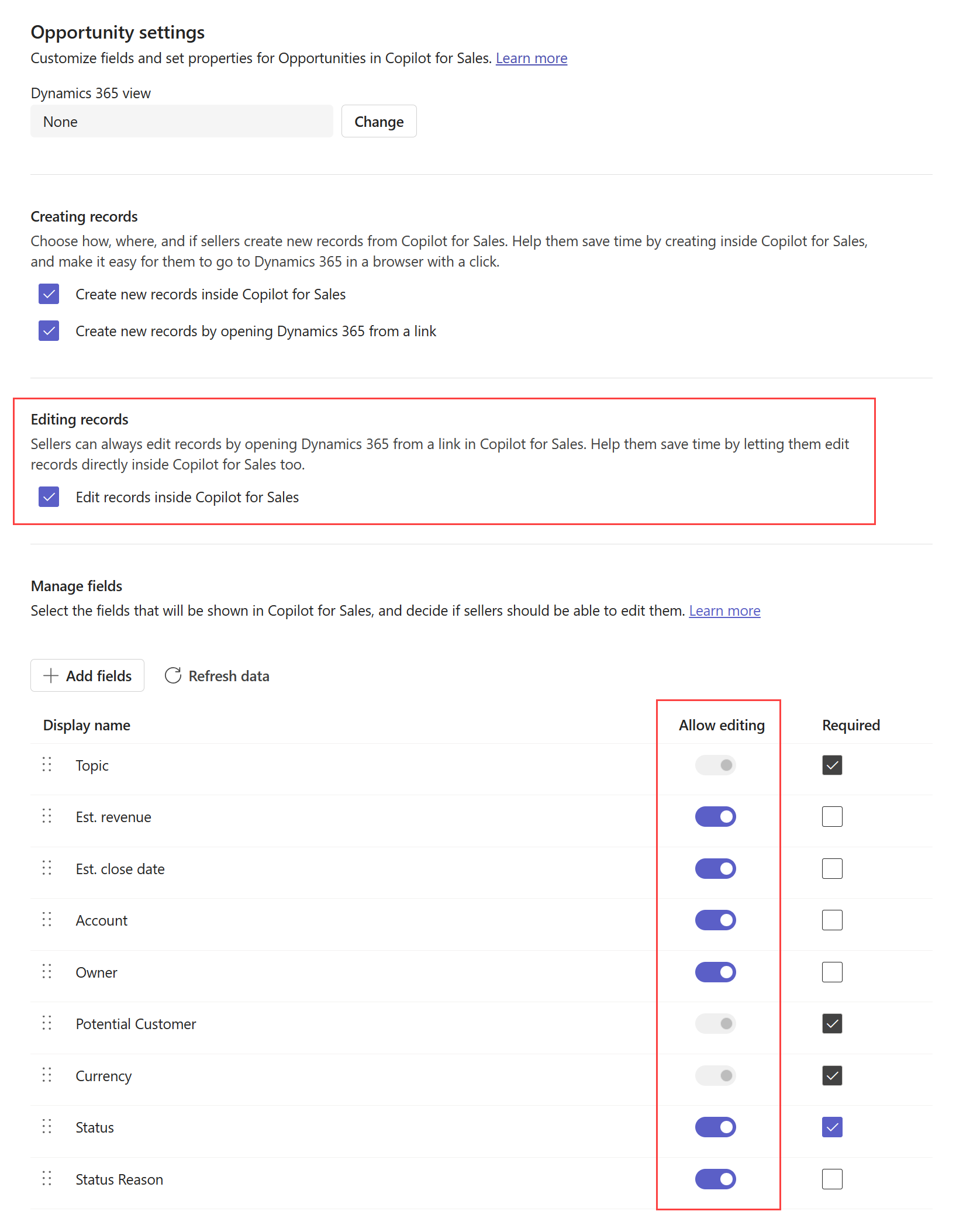 Copilot for Sales でレコードとフィールドの編集を有効にする方法を示すスクリーンショット。