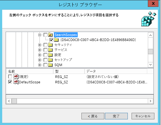 DefaultScope が選択されたレジストリ ブラウザー。