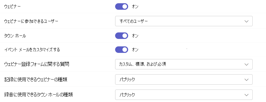 Teams 管理センターの Teams イベント ポリシーのスクリーンショット。