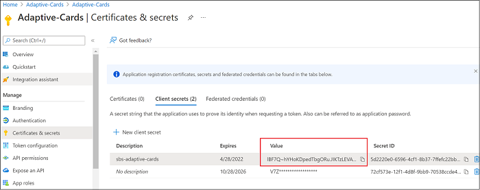 このスクリーンショットは、後で参照できるようにクライアント シークレット ID を保存する方法を示しています。