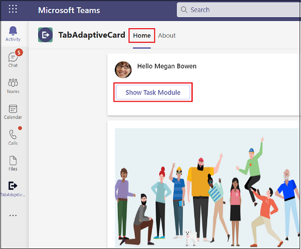 [ホーム] と [タスク モジュールの表示] が赤で強調表示されているMicrosoft Teamsのスクリーンショット。