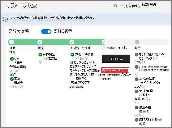 AppSource プレビュー オプションが強調表示された [オファーの概要] 画面を示すスクリーンショット。