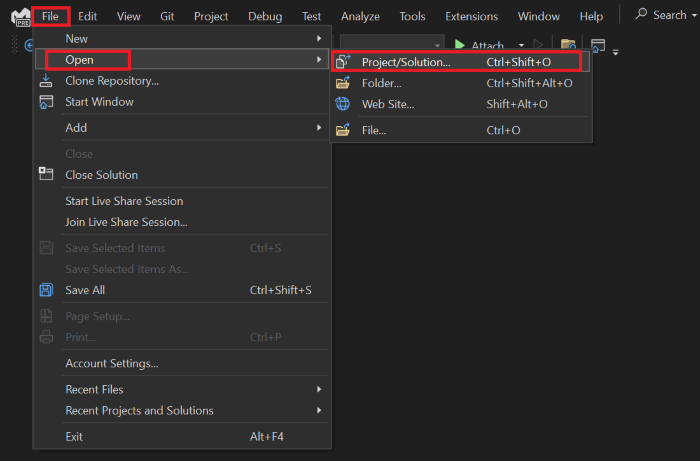 Visual Studio ファイル メニューのスクリーンショット。[ファイル] メニューの [開く] というタイトルのメニュー エントリと、[開く] の [プロジェクト/ソリューション] が赤で強調表示されています。