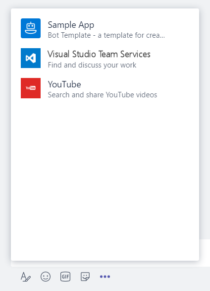 スクリーンショットは、Teams のメッセージ拡張機能の一覧を示す例です。