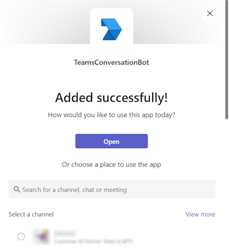 個人用と共有のスコープ オプションを含む TeamsConversationBot のスクリーンショット。