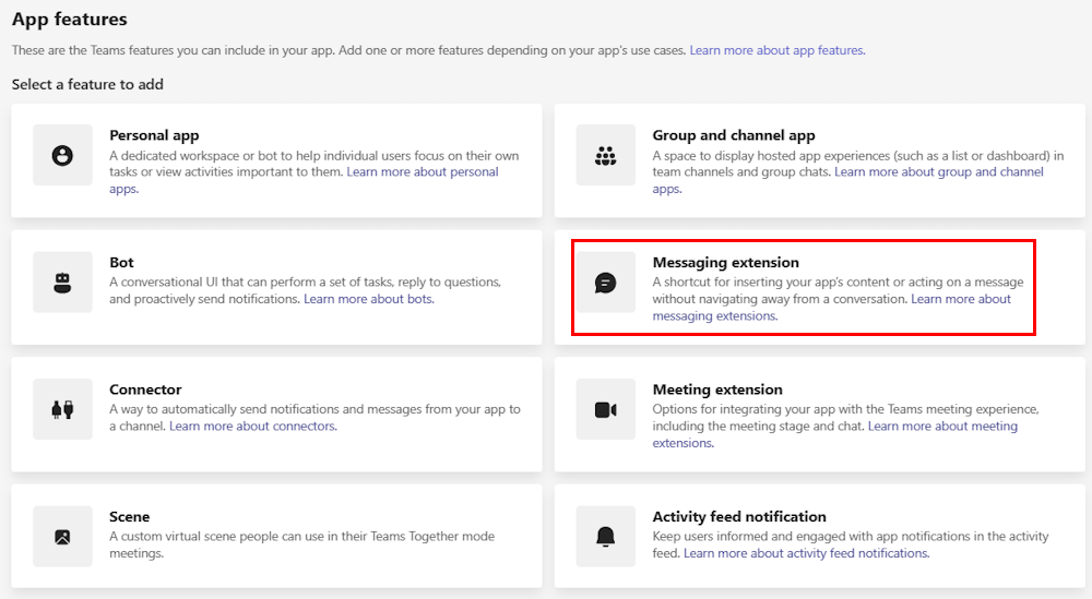 Teams 開発者ポータルのメッセージ拡張機能オプションを示すスクリーンショット。