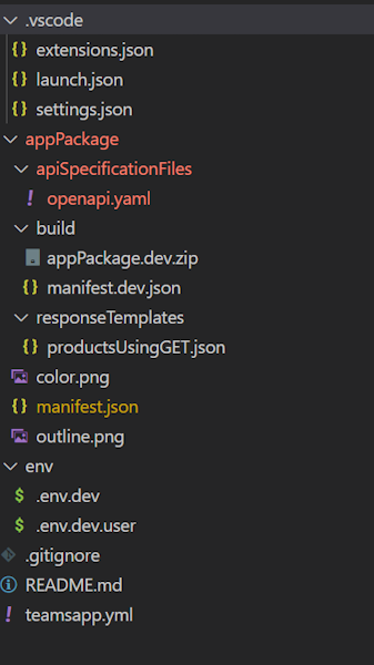 Teams Toolkit のサンプル ボット フォルダー Structure を示すスクリーンショット。