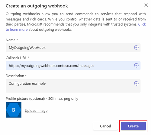 [送信 Webhook の作成] ウィンドウの [作成] ボタンを示すスクリーンショット。