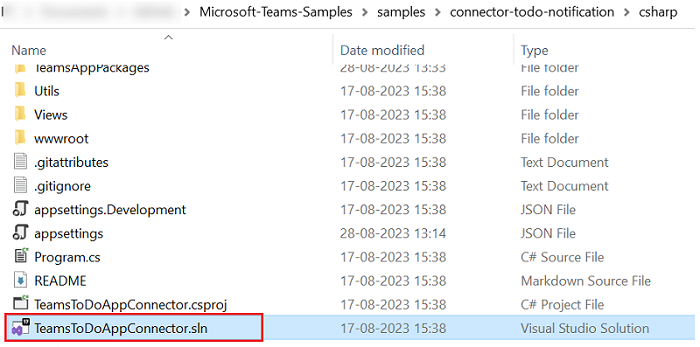 TeamsToDoAppConnector.slnが赤で強調表示された複製されたリポジトリのスクリーンショット。