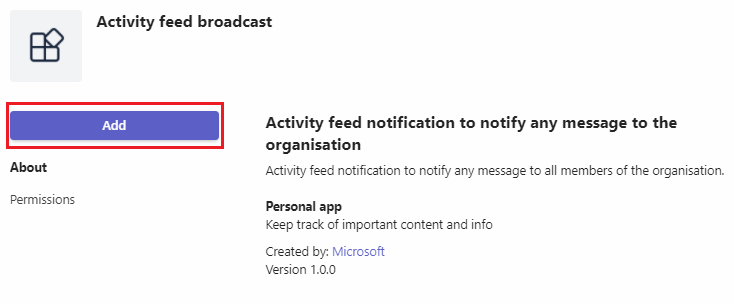Teams でアクティビティ フィードブロードキャスト アプリを追加するアプリの詳細ダイアログのスクリーンショット。