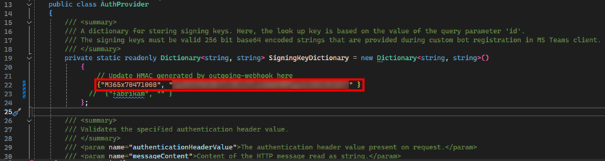 Contoso を M365x712764 と HMAC に更新する方法を示すスクリーンショットAuthProvider.cs赤で強調表示されたファイルです。