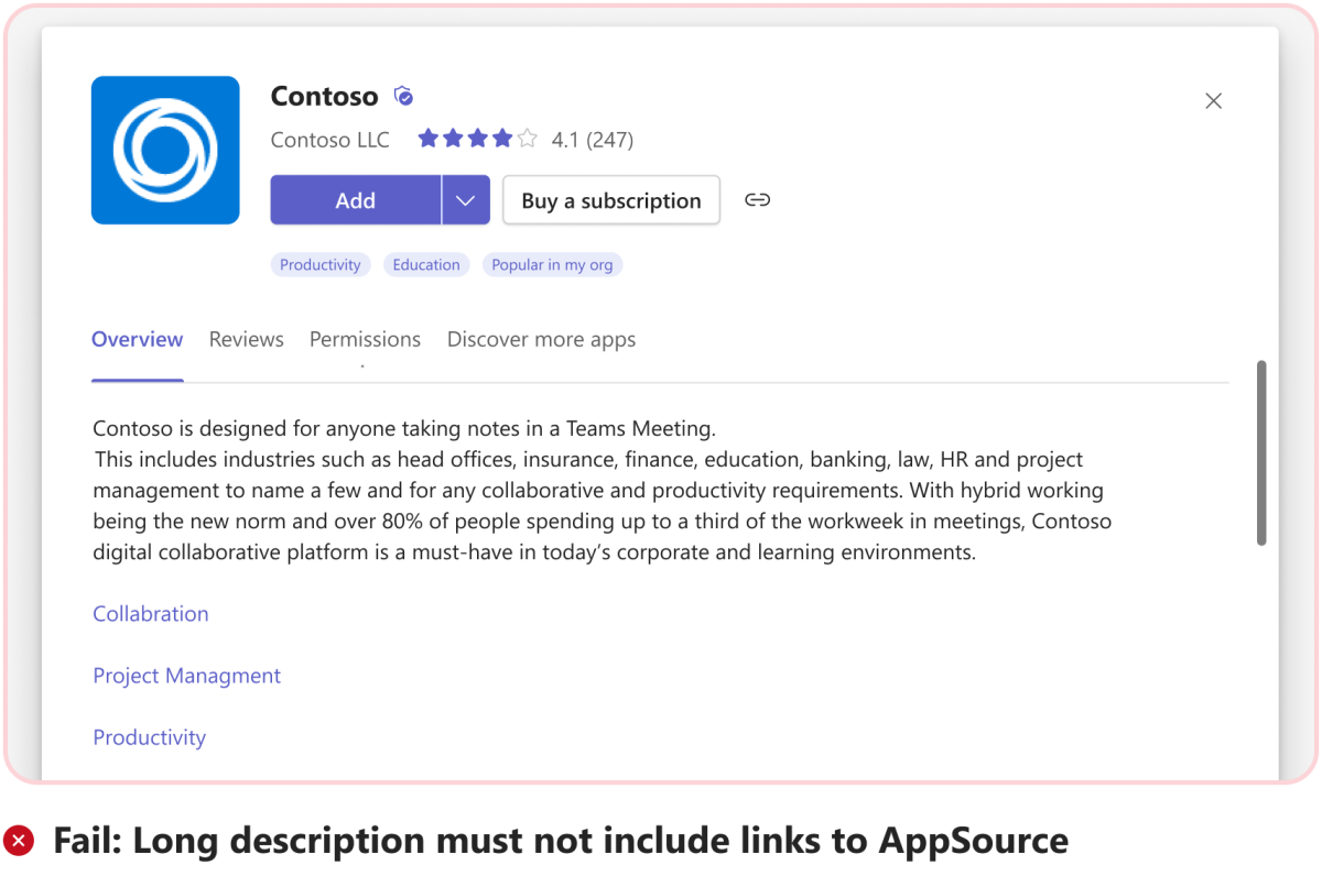 図は、アプリの詳細説明の AppSource へのリンクを含む失敗シナリオの例を示しています。