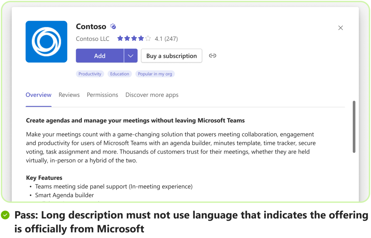 Microsoft のスローガンとタグラインを使用せずにアプリの説明を記述する方法の例を示す図。