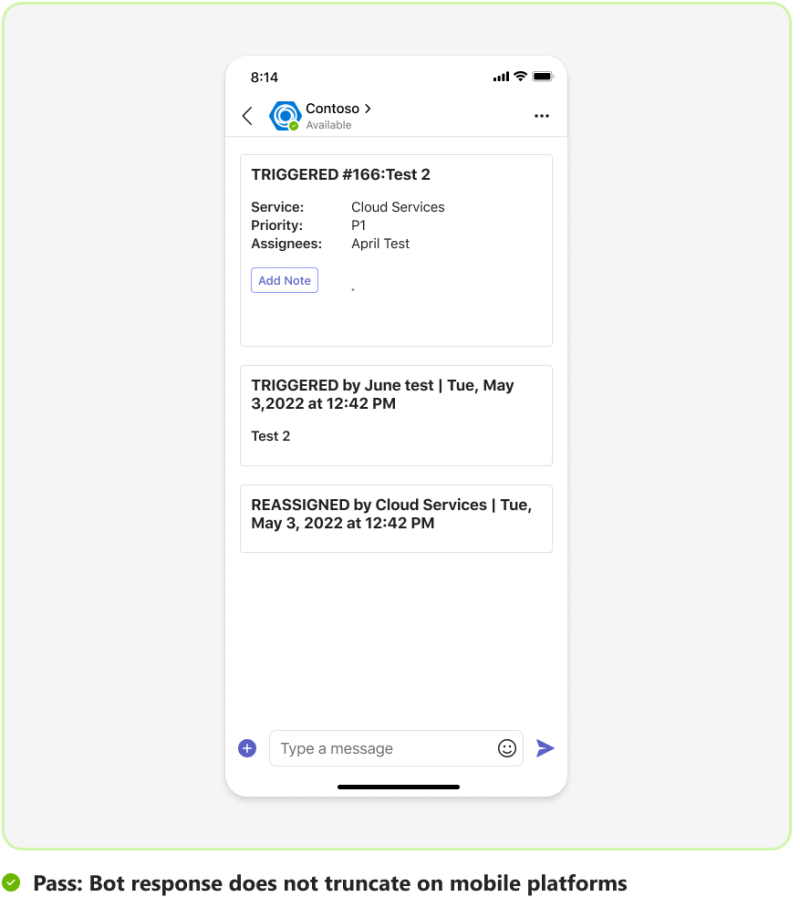 図は、モバイルで切り捨てずにボット メッセージの例を示しています。
