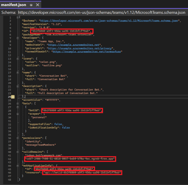 Visual Studio のマニフェスト ファイルに入力された詳細を示すスクリーンショット。