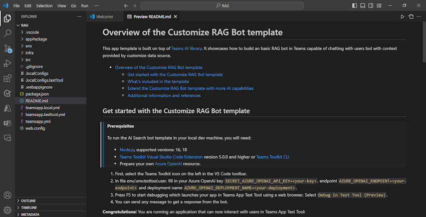 AI チャットボットが作成され、readme ファイルが使用可能であることを示すスクリーンショット。