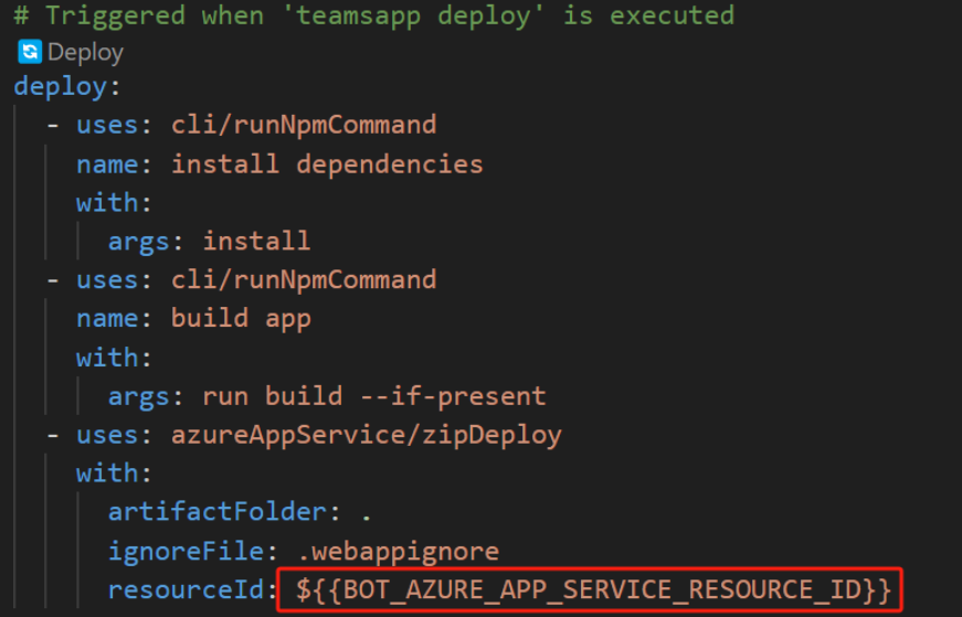 スクリーンショットは、teamsapp.yml ファイル内のボット Azure App Service リソース ID を示しています。