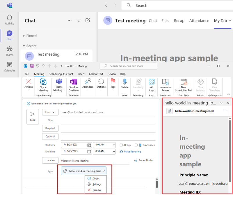 Teams と Outlook の両方で実行されているサンプル会議アプリのスクリーンショット