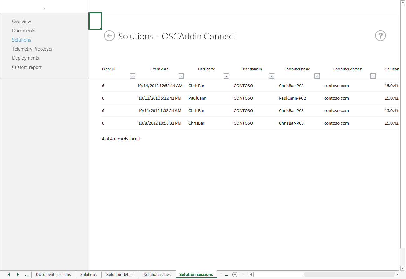 イベントの詳細とユーザー情報を含む OSCAddin.Connect のソリューション セッションのスクリーンショット。