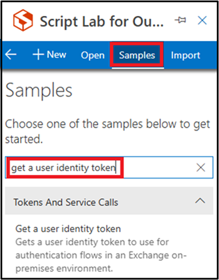 ユーザー ID トークンの取得のサンプルを見つけるためのScript Lab メニューと検索ボックスのスクリーン ショット。