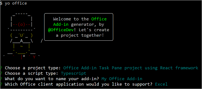 プロジェクトの種類が React フレームワークに設定されている Yeoman Office アドイン ジェネレーターのコマンド ライン インターフェイス。