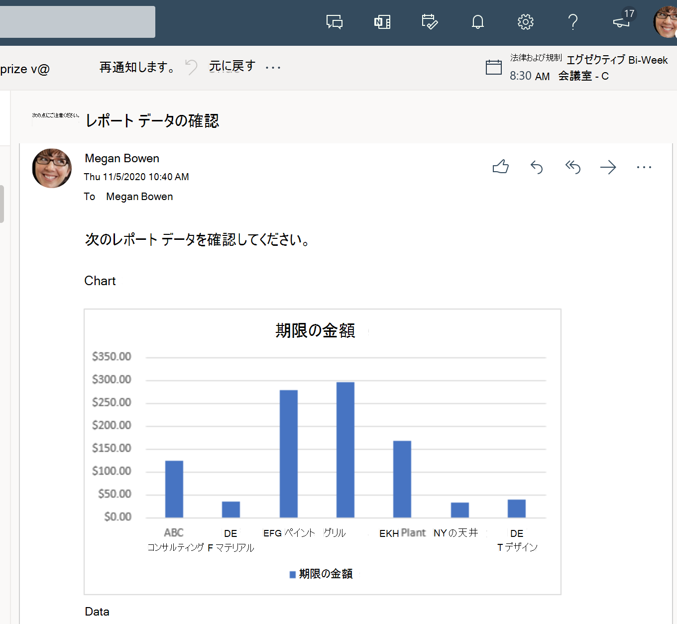 本文に埋め込まれた Excel グラフを示すフローによって送信される電子メール。