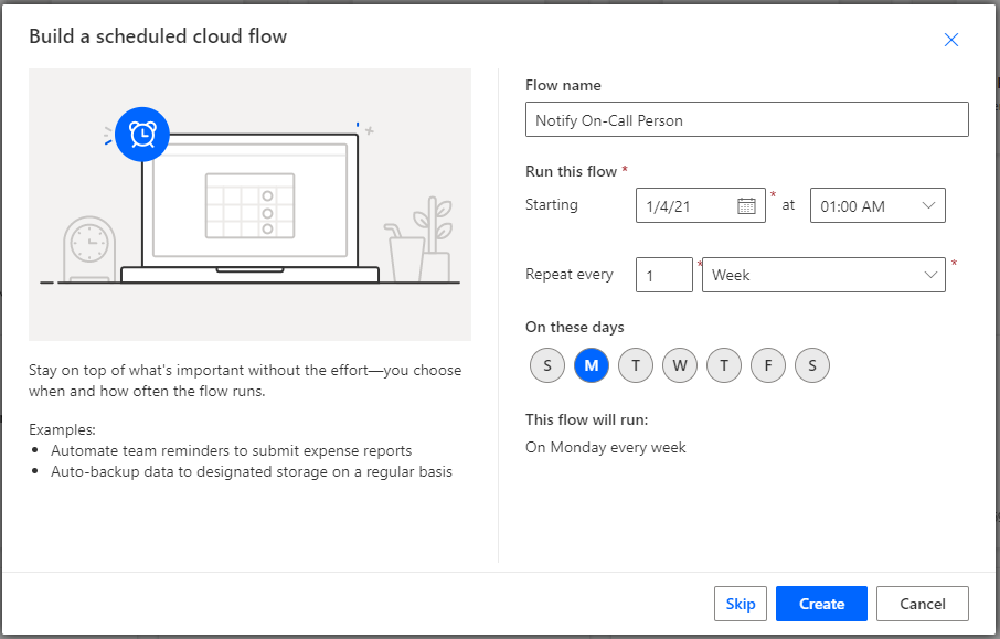 オプションが表示された Power Automate の [スケジュールされたクラウド フローを作成する] ダイアログ。オプションには、フロー名、開始時刻、繰り返しの頻度、フローを実行する曜日が含まれます。