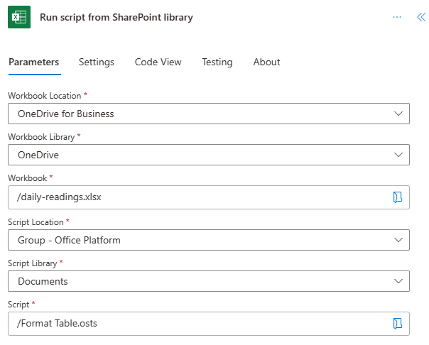 ブックの場所を示す完了したフィールドを含む SharePoint ライブラリからのスクリプトの実行アクションは 'OneDrive for Business'、ブック ライブラリは 'OneDrive'、ブックは 'daily-readings.xlsx'、スクリプトの場所は 'Group - Office Platform'、スクリプト ライブラリは 'Documents'、スクリプトは 