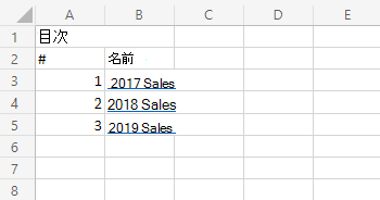 他のワークシートへのリンクを示す目次ワークシート。