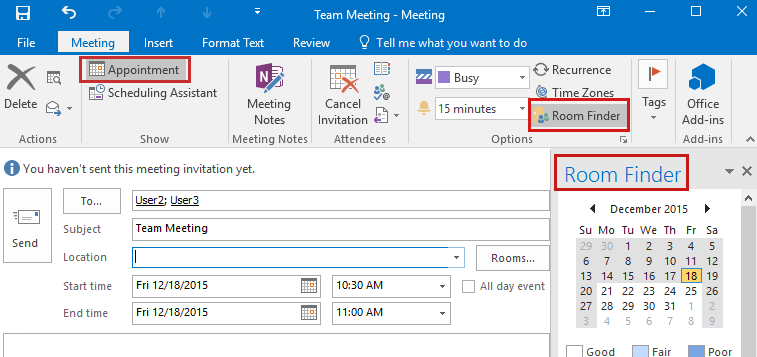 Outlook 2016 の予定ビューの Room Finder 機能を示すスクリーンショット。