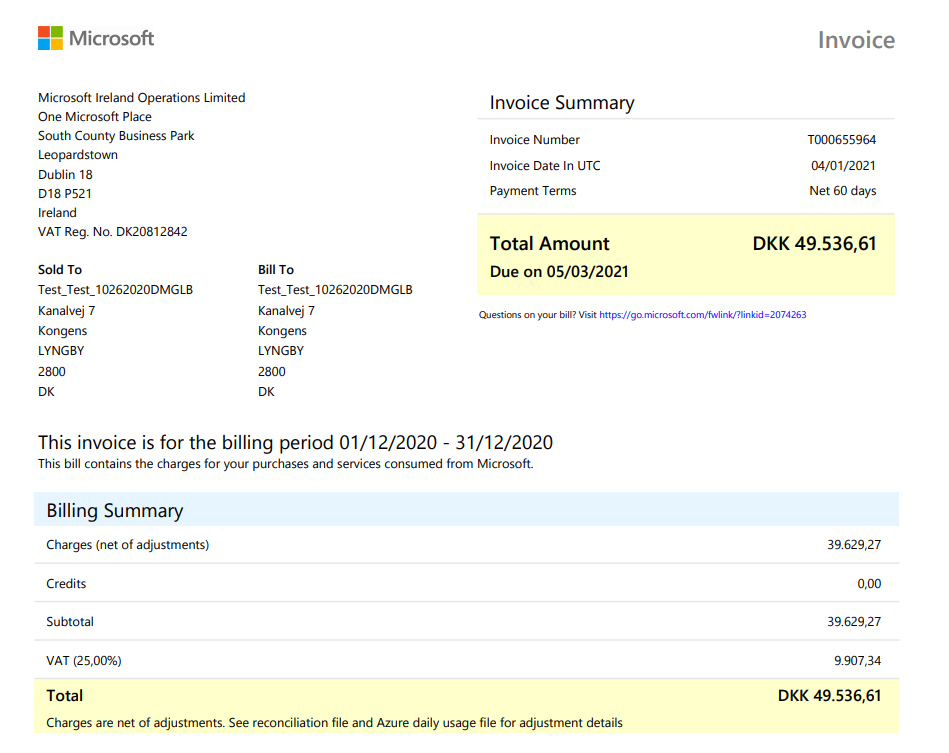 調整と Azure の毎日の使用状況のファイルに調整の詳細が表示されていることを伝えるパートナー センター請求書のスクリーンショット。