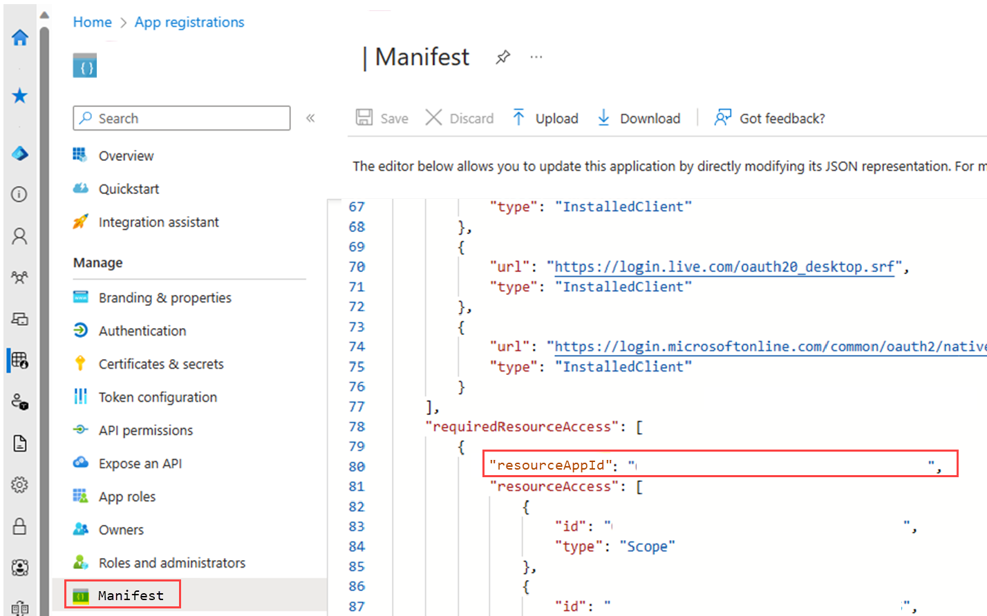 サンプル アプリの [マニフェスト] 画面のスクリーンショット。リソース ID が強調表示されています。