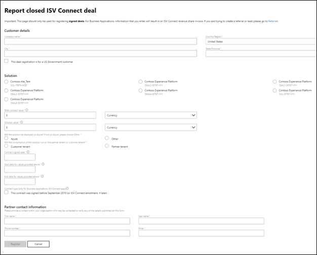 終了した ISV 取引を報告するための情報を入力できるフォームを示すスクリーンショット。