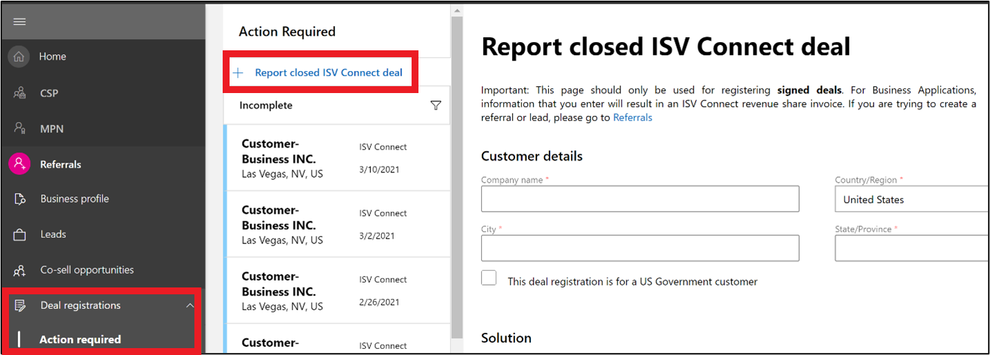 パートナー センターで終了した ISV Connect 取引を報告できる場所を示すスクリーンショット。