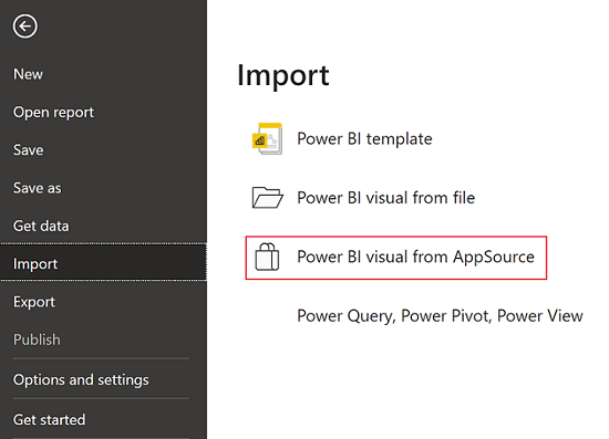 Power BI ファイル メニューから AppSource の Power BI ビジュアルにアクセスする方法を示すスクリーンショット。