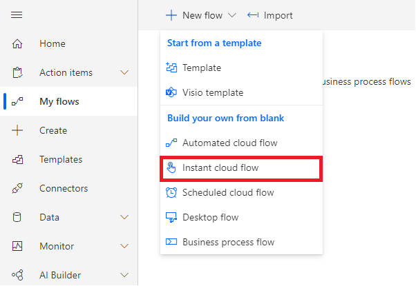 [マイ フロー] を選択した後に [Instant cloud flow]\(インスタント クラウド フロー\) を選択する方法を示します。