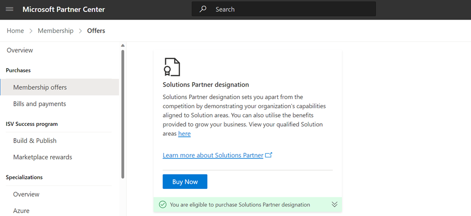 ソリューション パートナー指定の適格性ページのスクリーンショット。