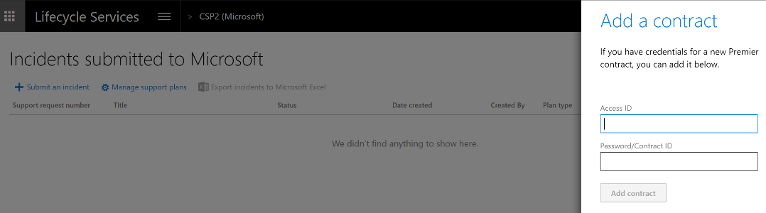 [Microsoft に送信されたインシデント] ページの [契約の追加] ポップアップのスクリーンショット。