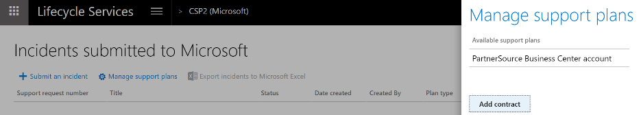 [Microsoft に送信されたインシデント] ページの [サポート プランの管理] ポップアップのスクリーンショット。
