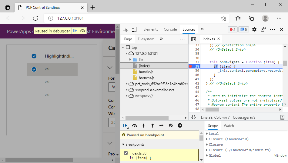 Canvas Data Grid が、OnNavigate in index.ts デバッグ