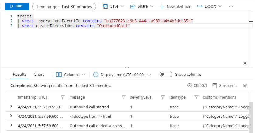 クエリでは、結果が OutboundCall 範囲中に追加されたログに制限されます。