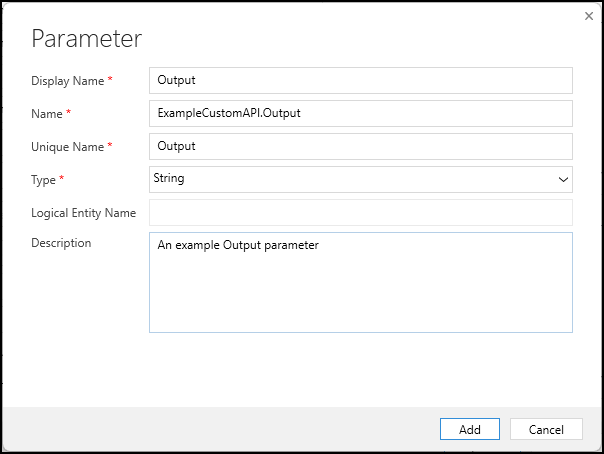 カスタム API 応答プロパティ作成フォーム