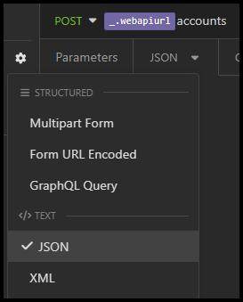 JSON 本文タイプを選択する