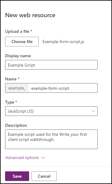 サンプル フォーム スクリプトを作成するための新しい Web リソース ダイアログ