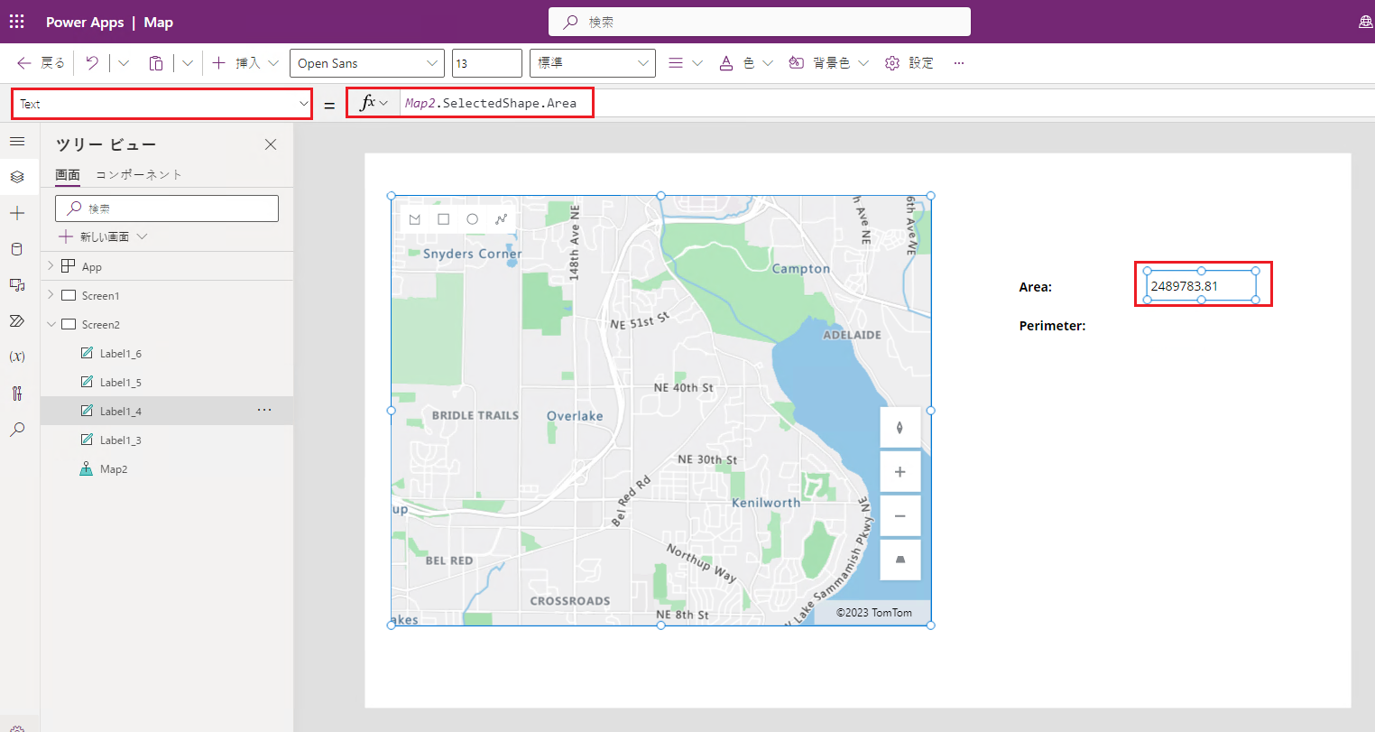 2 つのテキスト ラベルの横で図形の面積と周囲長を選択した、マップ上で選択された図形のスクリーンショット。