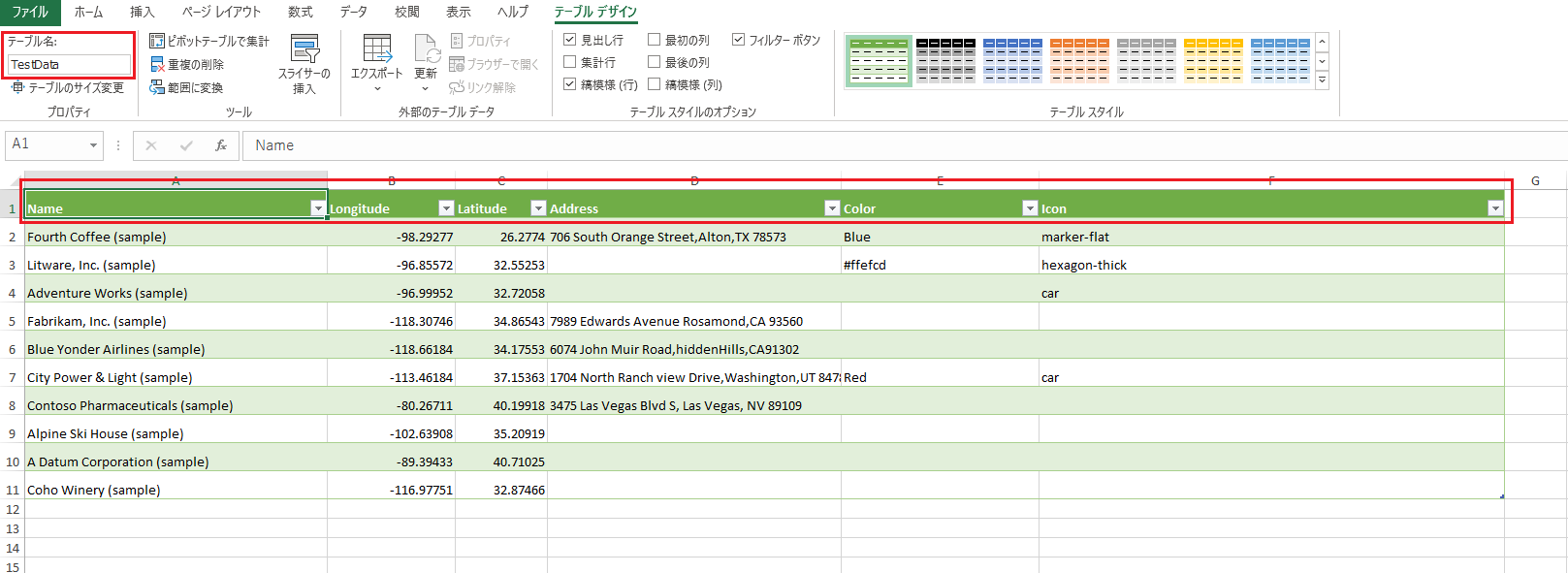 TestData という名前のテーブルで、名前、経度、緯度の列を含むサンプルの Excel ファイル