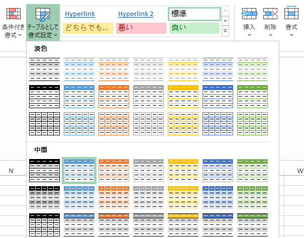 Excel によるテーブルの書式設定。