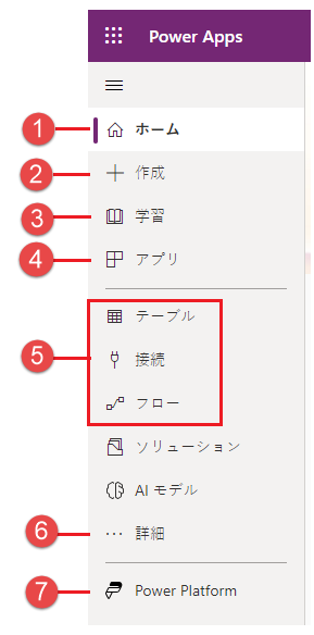 Power Apps 左側ナビゲーション ウィンドウ。